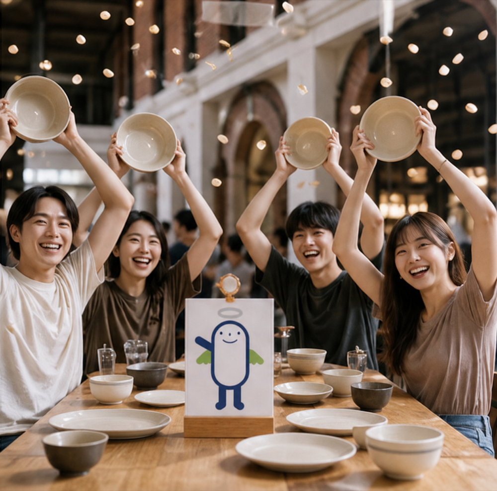 四位年輕人在中環街市舉起空碗，與米仔一同響應惜食行動